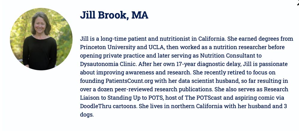 Image is a biography card for Jill Brook, MA, and has a small photo of her with the following bio: Jill Brook, MA
Jill is a long-time patient and nutritionist in California. She earned degrees from Princeton University and UCLA, then worked as a nutrition researcher before opening private practice and later serving as Nutrition Consultant to Dysautonomia Clinic. After her own 17-year diagnostic delay, Jill is passionate about improving awareness and research. She recently retired to focus on founding PatientsCount.org with her data scientist husband, so far resulting in over a dozen peer-reviewed research publications. She also serves as Research Liaison to Standing Up to POTS, host of The POTScast and aspiring comic via DoodleThru cartoons. She lives in northern California with her husband and 3 dogs.

