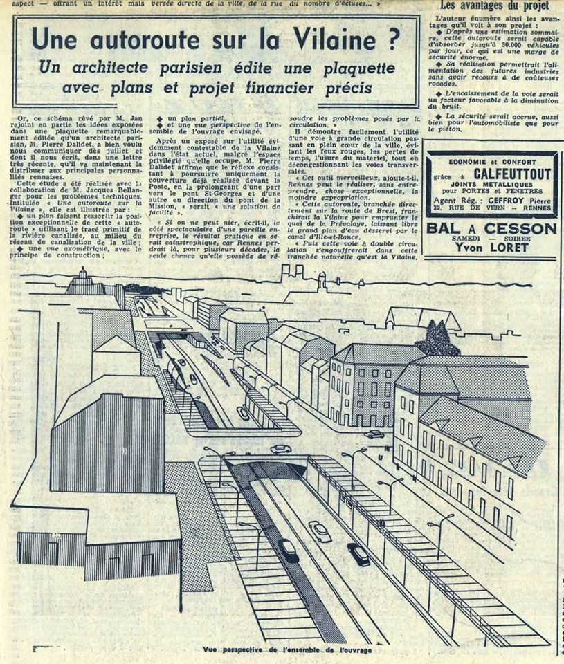 Scan d'un journal dont l'article est intitulé « Une autoroute sur la Vilaine ? Un architecte parisien édite une plaquette avec plans et projets financier précis ». Une vue surplombe en perspective l'ancien axe de la Vilaine transformé en une autoroute semi-enfoncée avec au loin une voie d'accès pour remonter sur les quais
