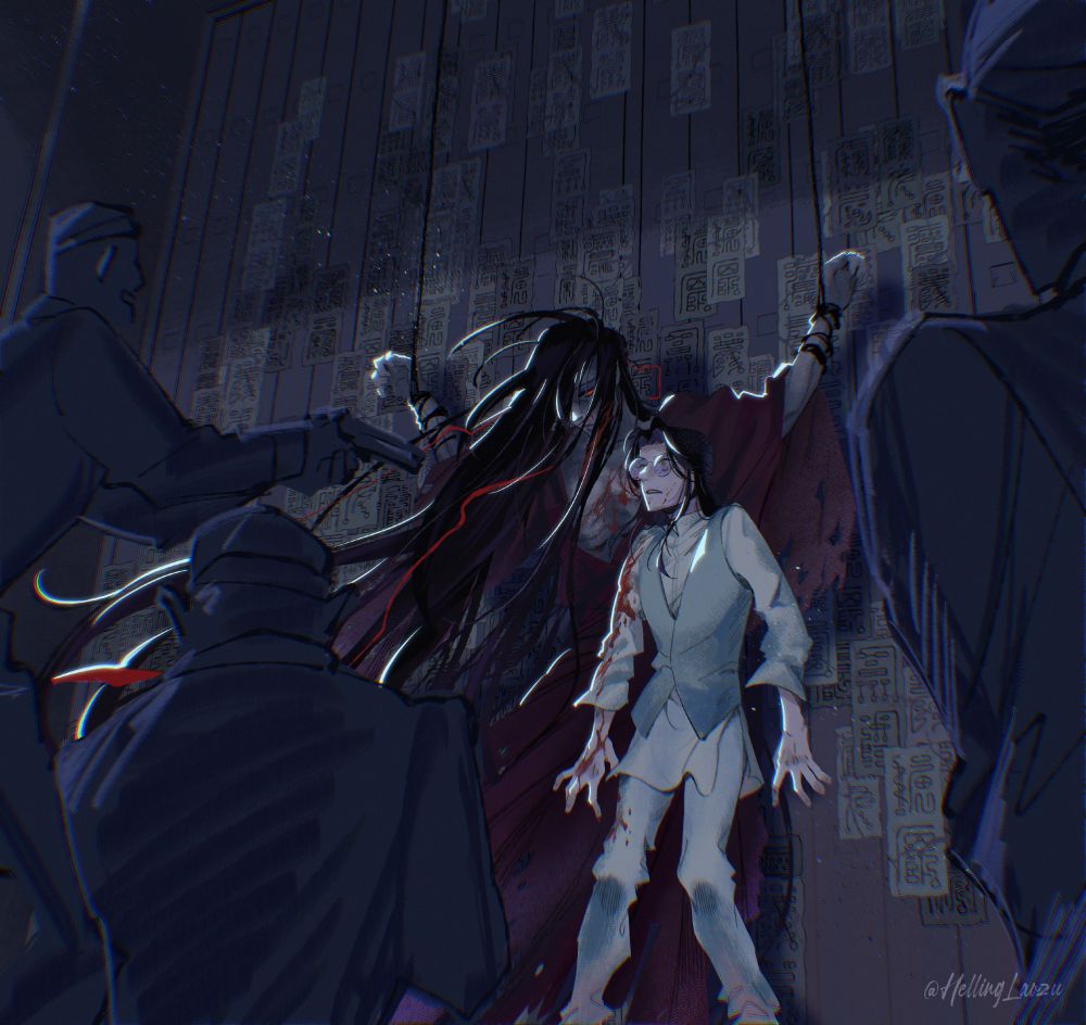 A digital illustration of a teen lwj backed up against a talisman-covered wall, dark figures pointing handguns at him. He is wearing a pale blue waistcoat over white tangzhuang, semi-long hair and large round glasses on his face. Between teenji and the wall is what looks like a emaciated male corpse hanging from ropes by either wrists. The corpse is wearing tattered dark red robes over greyed skin, red ribbon and long hair wild in the wind. Underneath the disarrayed hair his eyes are open, a glowing red eye looking down at teenji backed up against him. His face and bared chest is splattered with blood - the blood is from teenji's injured right arm that is drenched in red. 