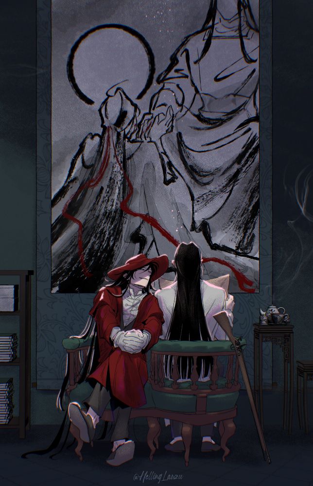 A digital illustration of wangxian sitting in what looks like a mix between a lounge and a library/archive. Grownup wangxian are sitting in a 'whispering chair' style sofa, lwj facing backwards and wwx facing forwards. Lwj seems to be reading a newspaper while wwx has his legs crossed and leaning flirtatiously towards lwj. Wwx is in a chinese-fusion style outfit, a black slacks, white taozhuang jacket, oxford shoes and a red overcoat with large-brimmed red hat. Lwj seems to be in black slacks and white shirt. Surrounding them are various items, an old-fasioned rifle, a bookshelf full with ancient text, a chinese tea set. Behind them is a large scroll hanging from the wall, depicting an ink painting of wwx in traditional dark robes kneeling in front of a long-haired man in white, holding the man's hand with both of his hand. 