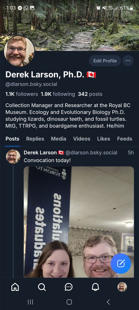 New edited Bluesky profile, including information about my Ph.D. "Derek Larson, Ph.D. Collection Manager and Researcher at the Royal BC Museum, Ecology and Evolutionary Ph.D. studying lizards, dinosaur teeth, and fossil turtles. MtG, TTRPG, and boardgame enthusiast. He/him" 