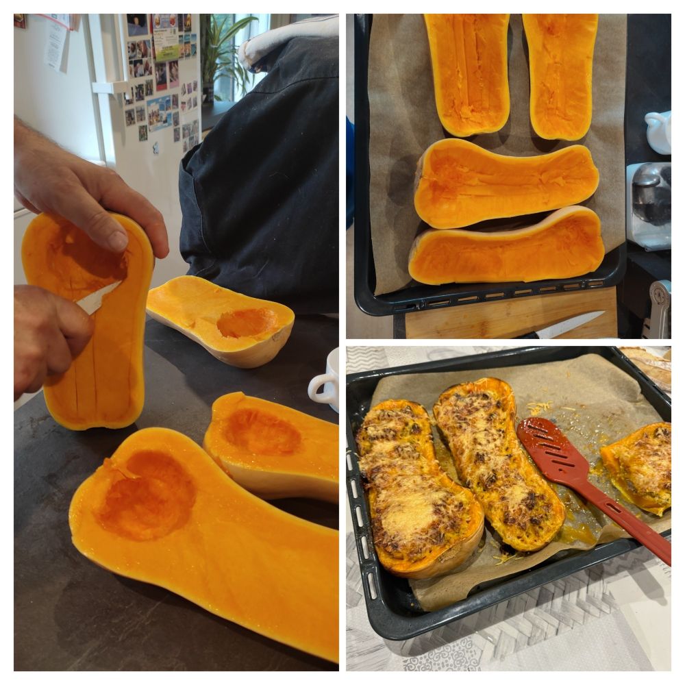 Se soir c'était butternut farcis
Chaire à saucisse nature
Chaire de la butternut
Noix de cajou noisettes
Crème fraîche
Épice (curcuma, curry ,garam masala)
Sel poivre