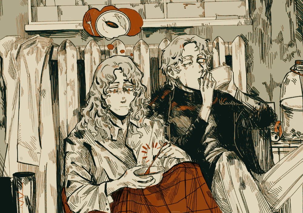 Two people sitting by a radiator and eating soup. One has a cockroach on her spoon, and is contemplating eating it too