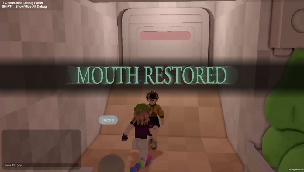 screenshot of the same character but in a different room featuring the mouth that was supposed to be there the whole time. the dark souls humanity restored caption is overlayed on top but it says "MOUTH RESTORED"