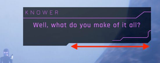 A screenshot from 1000xResist showing a sci-fi dialogue box with the bottom being broken into two steps with a short angle between them. A two-sided red arrow has been edited over top to stretch between the distance of the inner step to call attention to its width.