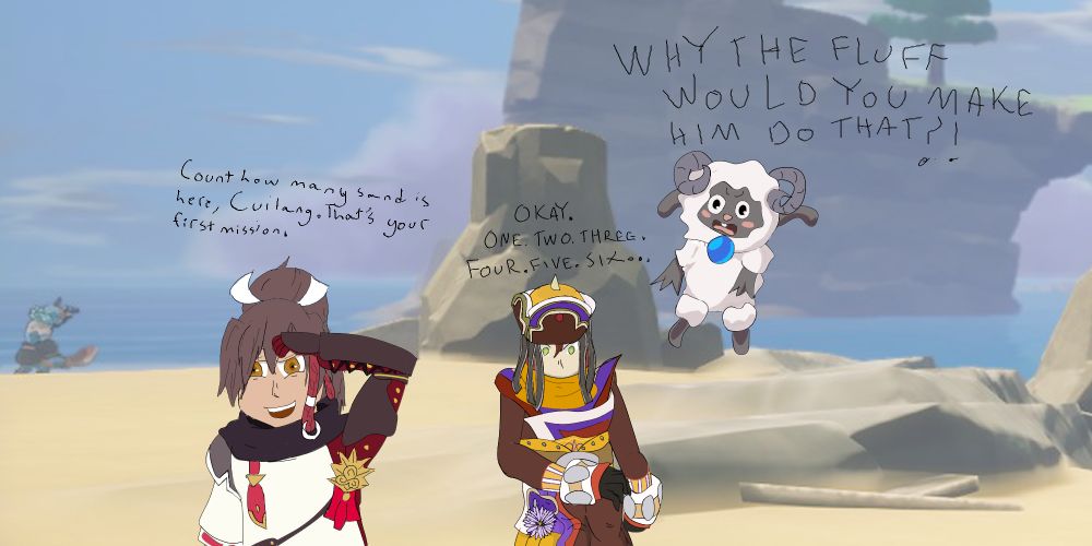 A drawing referencing Snapcube's Sonic the Hedgehog 2006 fandub of the male player character Subaru telling the character Cuilang to count sand at the beach in Rune Factory: Guardians of Azuma. The character Woolby disapproves.