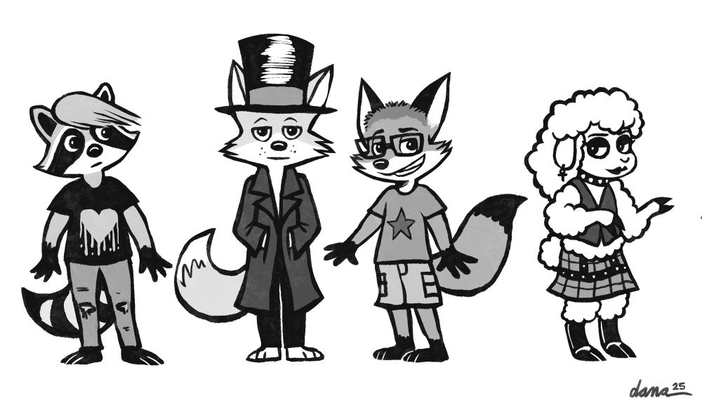 Raccoon kid, fox kid in a top hat, fox kid in a tshirt, goth sheep kid