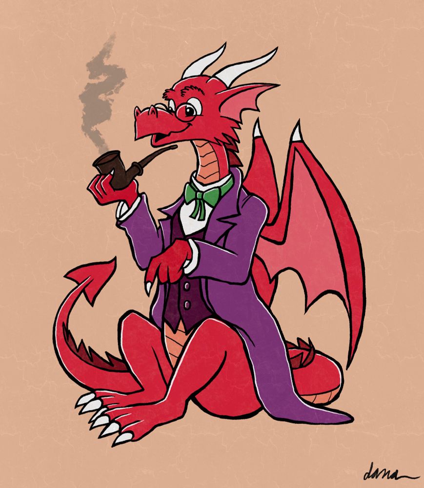Llewellyn, a red dragon in a purple suit smoking a pipe.
