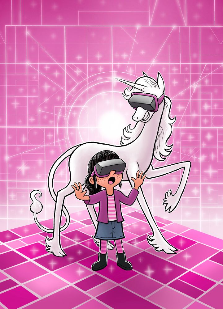 A little girl and a unicorn, in a pink virtual environment 