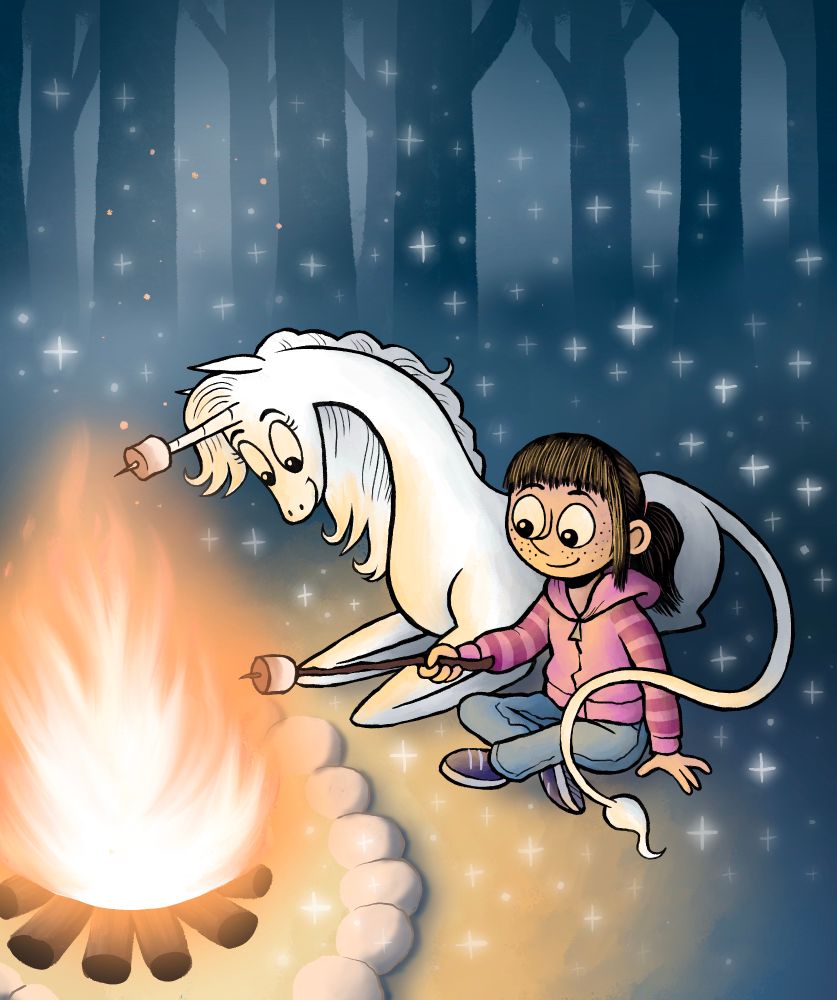 A little girl and a unicorn, roasting marshmallows by a campfire 