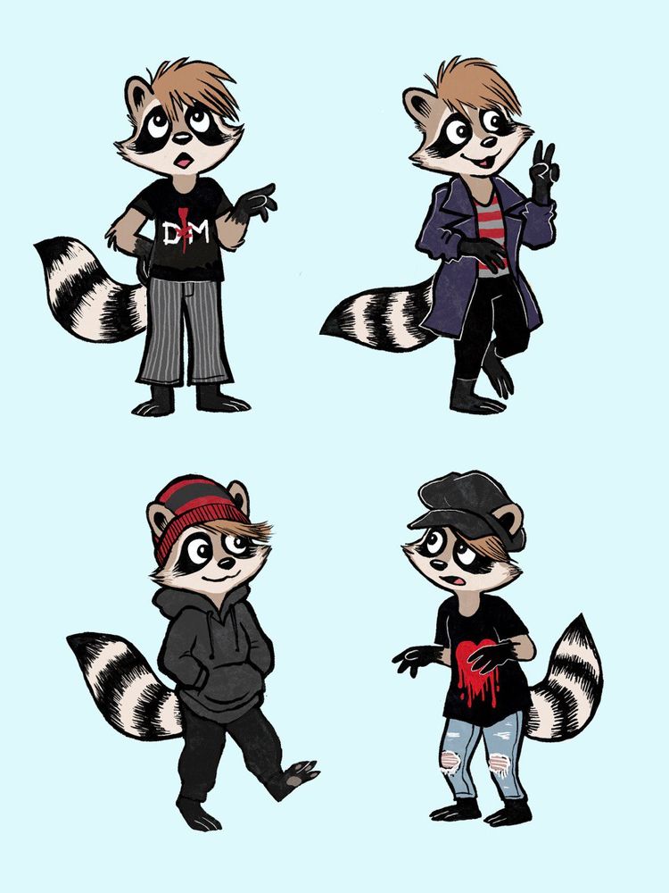 Avery the raccoon kid, in various middle-school-edgy outfits.