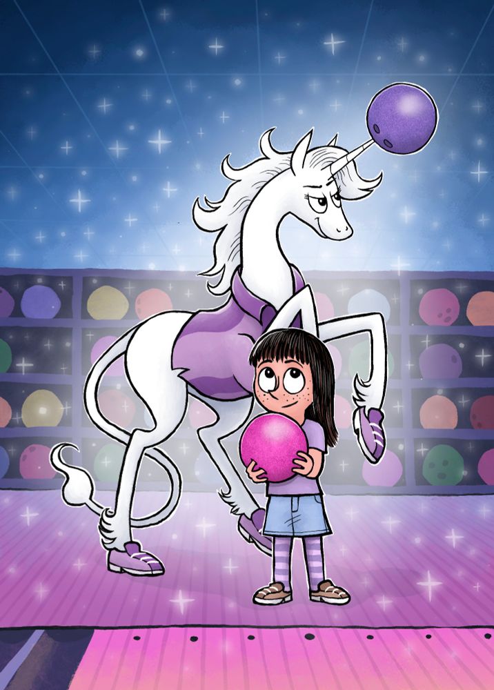 A little girl and a unicorn, bowling