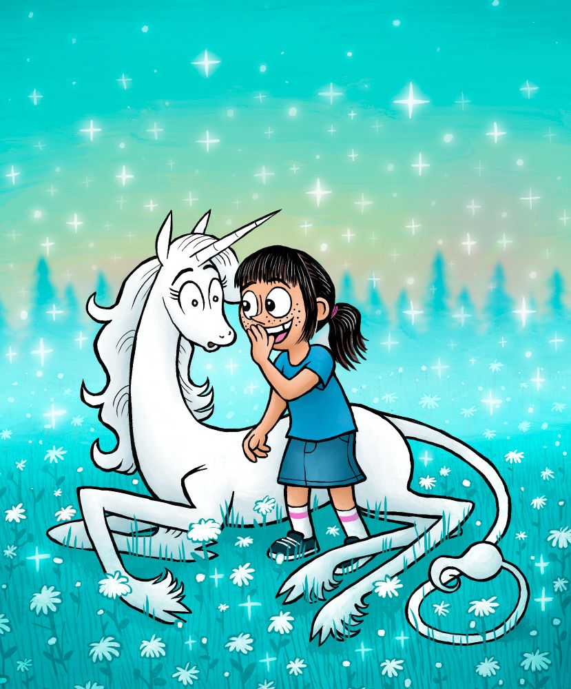 A little girl, whispering to a surprised unicorn, in a field 