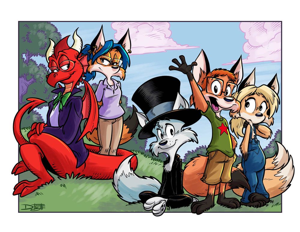 Dragon dad, fox mom, and the three fox kids: gray top hat boy, red glasses boy, and shy two-tailed overalls girl.