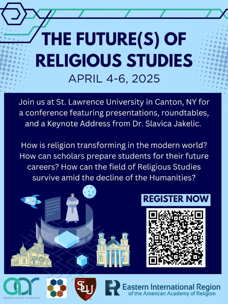 A poster advertising the EIR's 2025 conference, running April 4-6 2025. Light blue background with a dark blue foreground, showing a cartoon scholar reflecting on the future of the study of religion within universities.