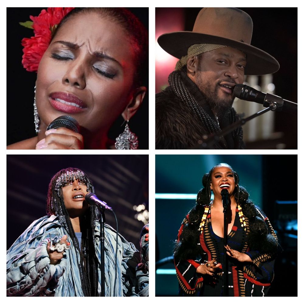 A photo with 4 panels, with a different singer in each. 