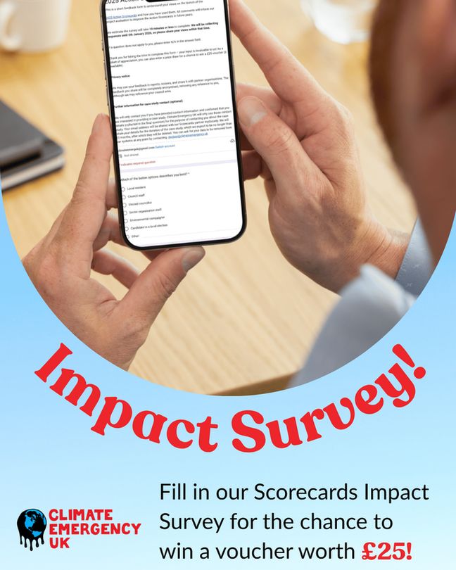 Image from the perspective of looking over a male figure's shoulder. He is holding a phone and looking at an online survey. Text reads: 'Fill in our Scorecards Impact Survey for the chance to win a voucher worth £25!' The main background colour is blue and the text is in black and red. 