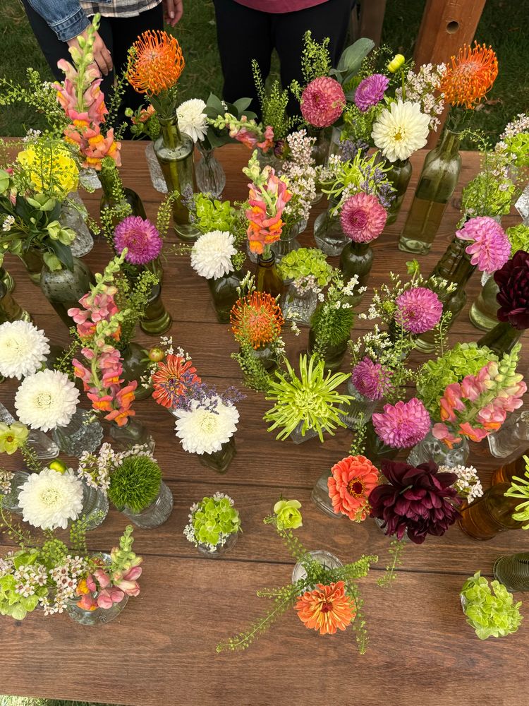An array of antique medicine bottles and amber and olive vases with a kind of chaotic mix of apple green, coral, purples and white flowers. 