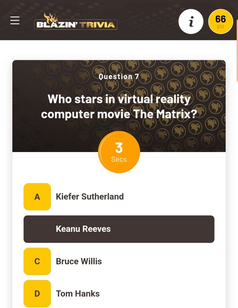 A screenshot of a trivia question from the Buffalo Wild Wings app that asks "Who stars in the virtual reality computer movie The Matrix?" Choices are Kiefer Sutherland, Keanu Reeves, Bruce Willis, and Tom Hanks with the correct option (Keanu) selected.