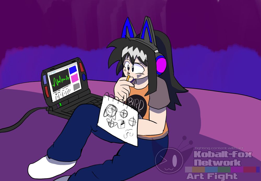 Robin listening to music while drawing