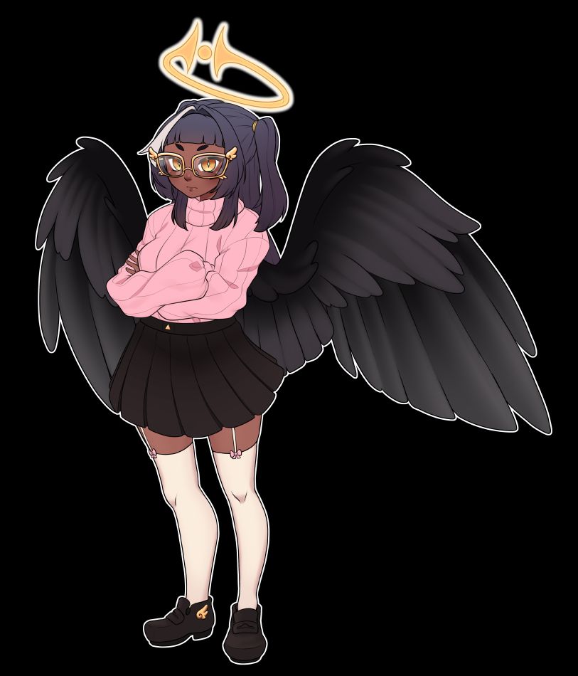 a digital drawing of a brown-skinned angel woman with a petite and slender frame. she wears an oversized, pink turtleneck sweater tucked into an oreo-sort of dark, desaturated brown pleated skirt. she has golden eyes, tiny little almond shaped eyebrows, baby bangs cut above the browline. her hair is a sort of desaturated blurple with a white streak on the fringe framing the right side of her face (canvas left)

she wears golden glasses with cutesy round, cartoony 3-feathered wings flanking the upper top outer corners of the rectangular frames (this same wing detailing is also present as an embellishment on her dark brown loafers, which match her skirt otherwise), the bottom outer corners have little two-feathered wing details.

she also wears cream-coloured thigh-high stockings held up with white garter straps with pink bows that match her sweater on the clips.

she has black, fluffy looking wings. and a stern sort of expression