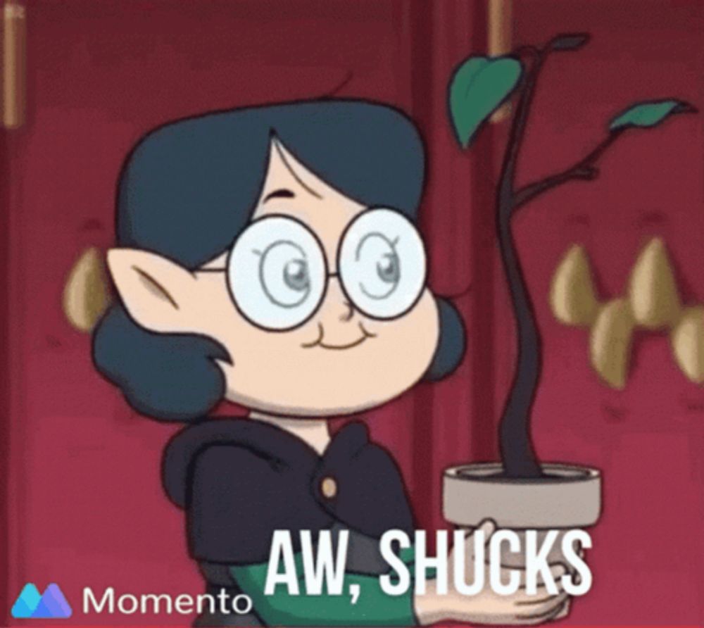 a cartoon of a girl holding a potted plant with the words aw shucks written below her