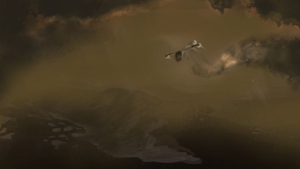 An aircraft with straight, stubby wings with spheres at the tips and tail flies through the cloud deck, the exhaust from the engines lighting up the whorls of disturbed cloud. A land mass sticking out into a black lake is seen below.