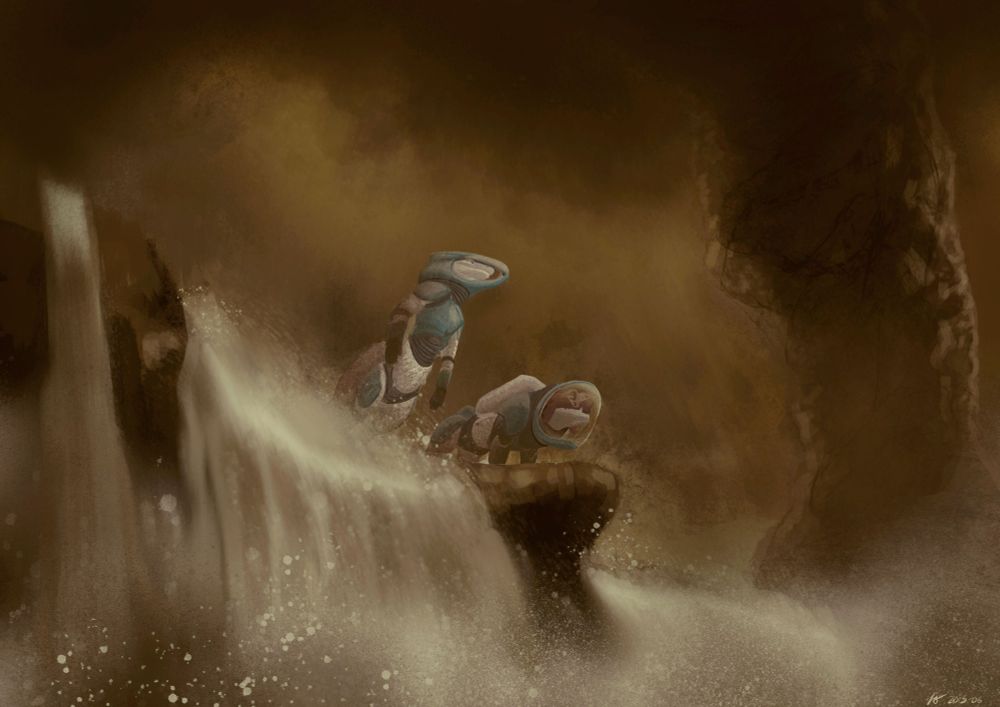 A sergal and a talyxian stalker in environment suits stand at the edge of what looks like a waterfall in a murky, foggy-brown environment. Above them through the mist, there is an archway ascending into the dark clouds.