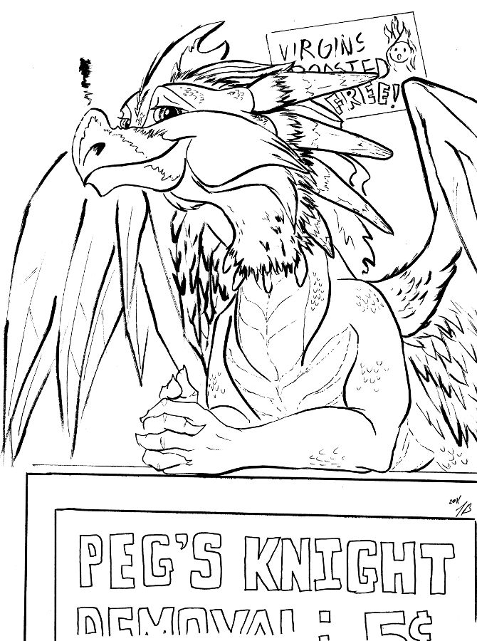 A smiling dragoness with impressive horns and wings sits at a shop counter with a sign that says "Peg's Knight Removal: 5 cents". A small sign on the wall behind her says virgins are roasted free!