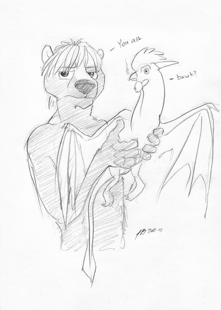 Taras the skotter looks unamused while holding a dragon rooster thing. "you ass"