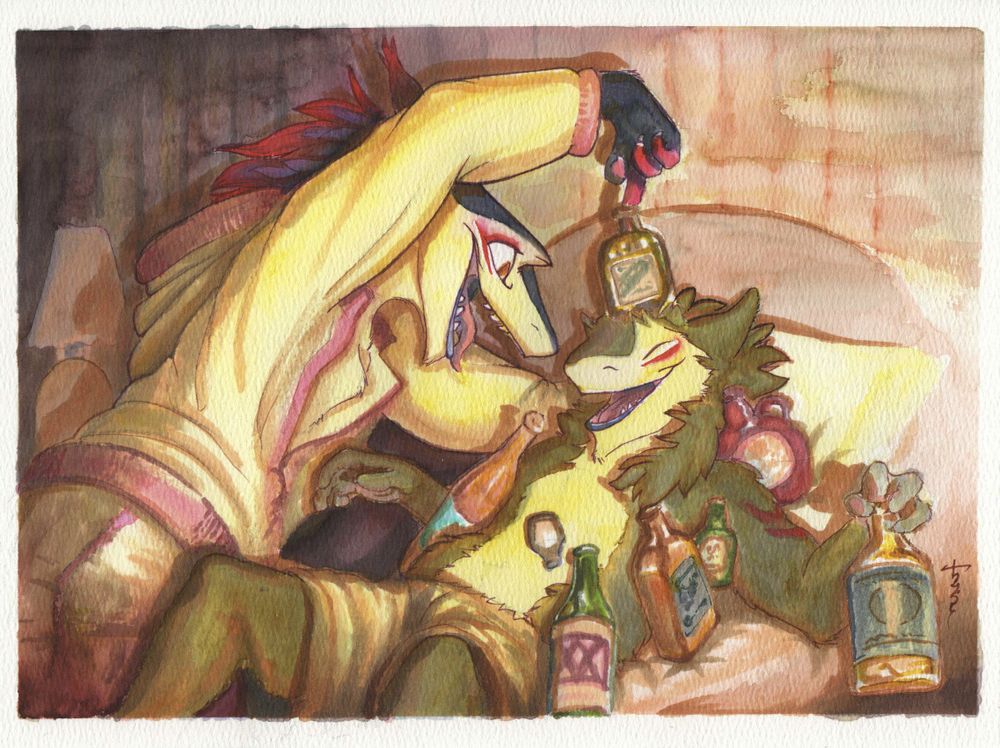 A warm painting of Sheza the sergal as she balances a bottle of hard liquor atop Kikali's head. On a bed, Kikali is already buried under several glass bottles of alcohol with one clutched in his hand. They're both laughing about it.
