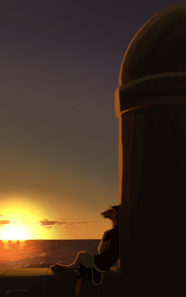 Keis the sergal sits on a wall that connects to a dome structure, and looks at the sunset across a sea with breaking waves. There's a lone blue dot in the sky.