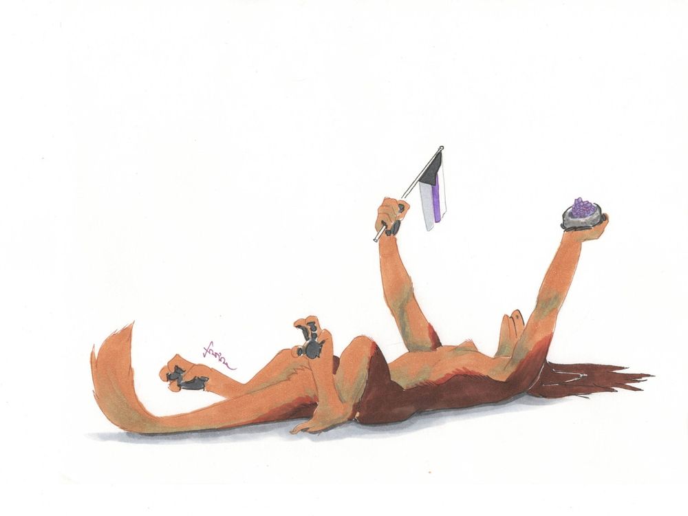 A brown furred sergal named Sisk is lying on her back in a blank space and holding up a little demisexual flag and a geode.