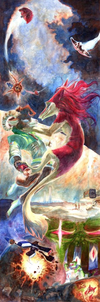 A vertical banner evocative of a sprawling space opera, a rusty gas giant planet's swirling clouds the main backdrop behind a ram holding a ray gun, suspended in space and bewitched by a crimson red sergal cupping his face, gazing deeply into his eyes. Above and behind them, spacecraft swoop and attack some hapless vessel, exploding it into dirty smoke. Below them, an alien moonscape with a futuristic city beneath a glass bubble can be seen in the distance. Two astronaut furries stand on a dune next to their landed spacecraft, and stare at the scenery as a distant rocket screeches into the sky filled with the gas giant. Below that, a reptilian dictator surrounded by authoritarian symbology delivers a bold speech at a podium, with the red sergal and a lynx crawling beneath the stage. She shushes her lynx friend. Lastly, some kind of spacecraft flies away from an exploded moon, the hot glow of magma from the moon's core exposed to the depths of space.