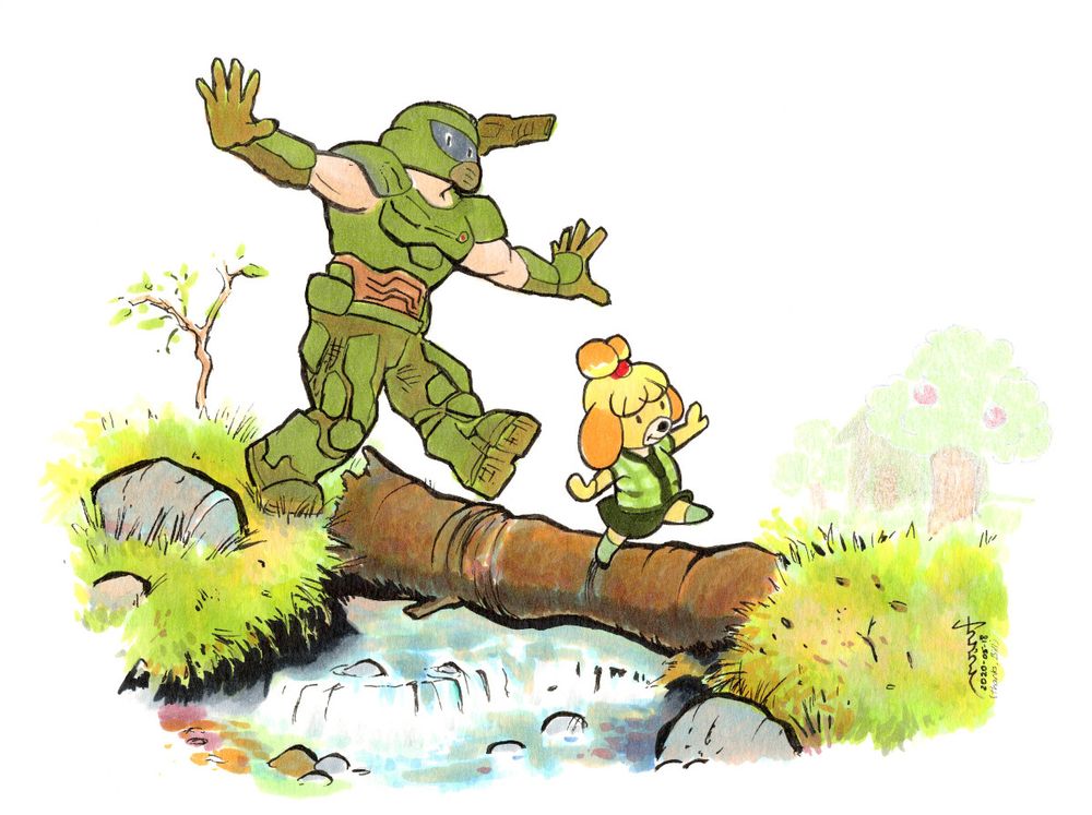 The Doom Slayer and Isabelle balancing with arms out as they cross a log over a stream in an illustrative style reminiscent of Watterson's "Calvin and Hobbes" comic