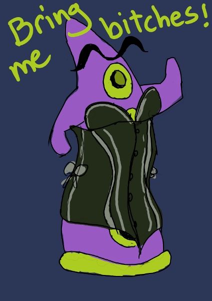 A purple tentacle from the Day of the Tentacle game with sickly green suction cups is in a corset and shaking a fist, declaring "Bring me bitches!"