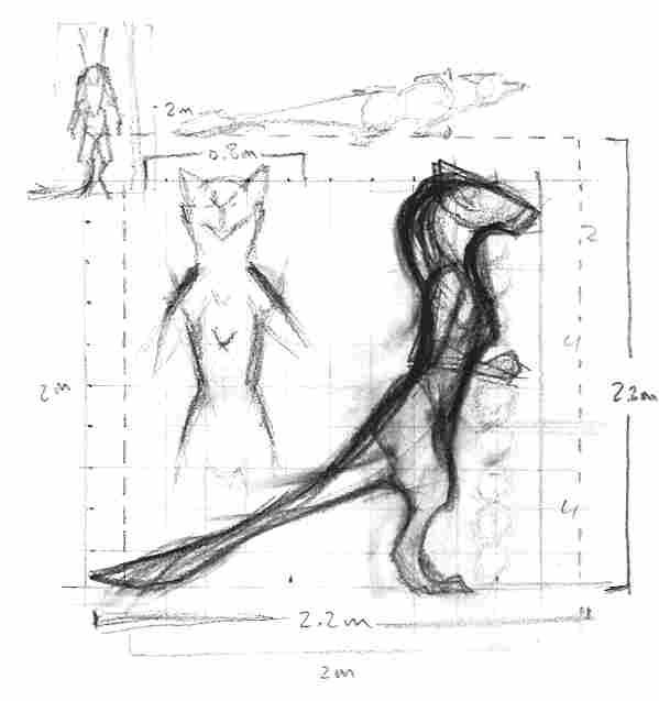 A rough sketch of a front, side, and top model reference sheet for a sergal.