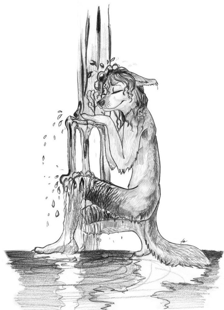 A sketch of a dog woman kneeling underneath a refreshing deluge of water that soaks her head, hands, and legs.