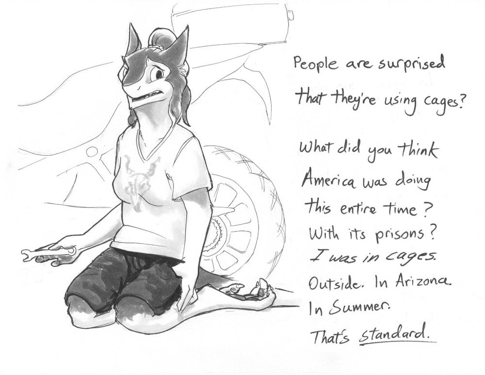Sisk is kneeling beside a motorcycle with a small wrench in her hand. She says "people are surprised that they are using cages? What did you think America was doing this entire time? With its prisons? I was in cages. Outside. In Arizona. In summer. That's standard."