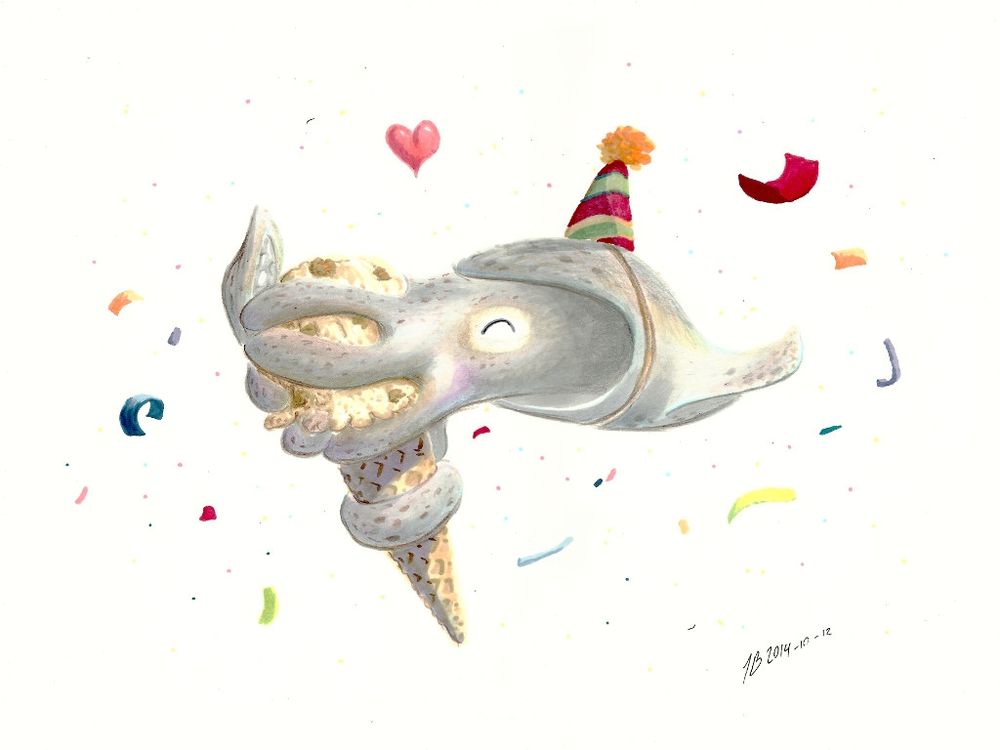 A light gray spotted cuttlefish wearing a little festive cone party hat clutches onto and loves a cookie dough ice cream cone