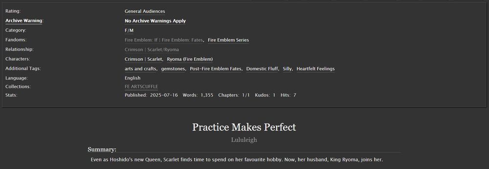 Screenshot of fanfiction details from AO3 for the fanfic 'Practice Makes Perfect'. Details for the fanfic can be read by clicking the link in the post!