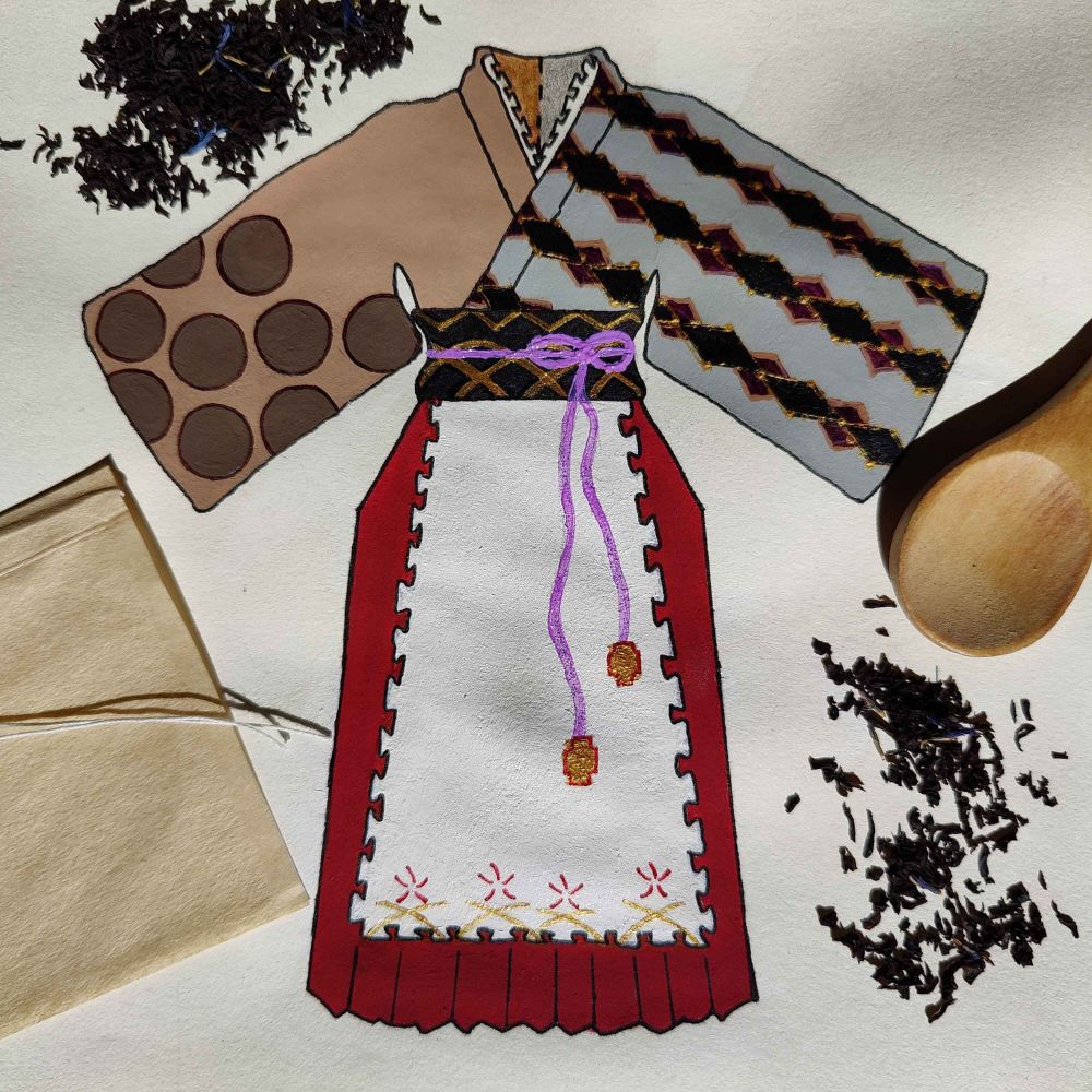 Teatime outfit design for an OC. The base clothes are a kimono, hakama, and apron. The fabrics are patterned with various references to tea. There are tea leaves sprinkled about, as well as a small wooden spoon and unfilled tea bag positioned around the art.