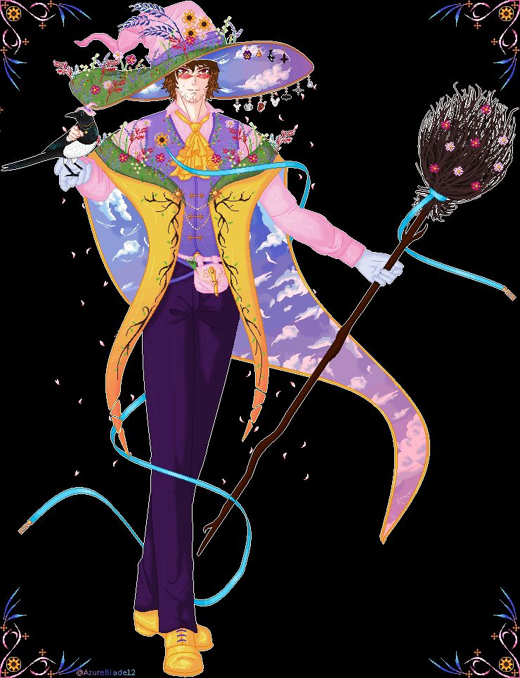A brown haired man, dressed in a pink shirt and purple vest, with a huge pointy hat, a broom and an off-the-shoulder yellow cape. The hat and cape lining resemble a sky during sunrise. There's also a magpie with a pointy hat perched on his hand. 