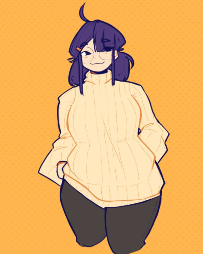 A drawing of Elissa wearing a large cream-coloured turtleneck sweater.