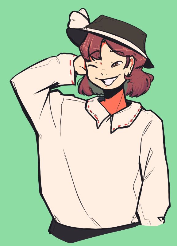 Renko Usami from Touhou, smiling and holding one hand behind her head.