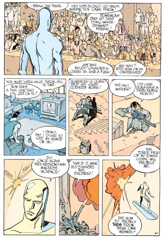 A page from Silver Surfer: Parable in which the Surfer confronts a raucous public who refuse to listen to his warnings about Galactus.