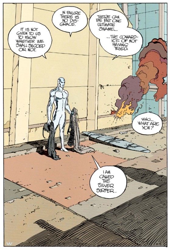 A page from Silver Surfer: Parable, in which the Surfer strips away the rags that initially concealed him to reveal his familiar, glittering form.