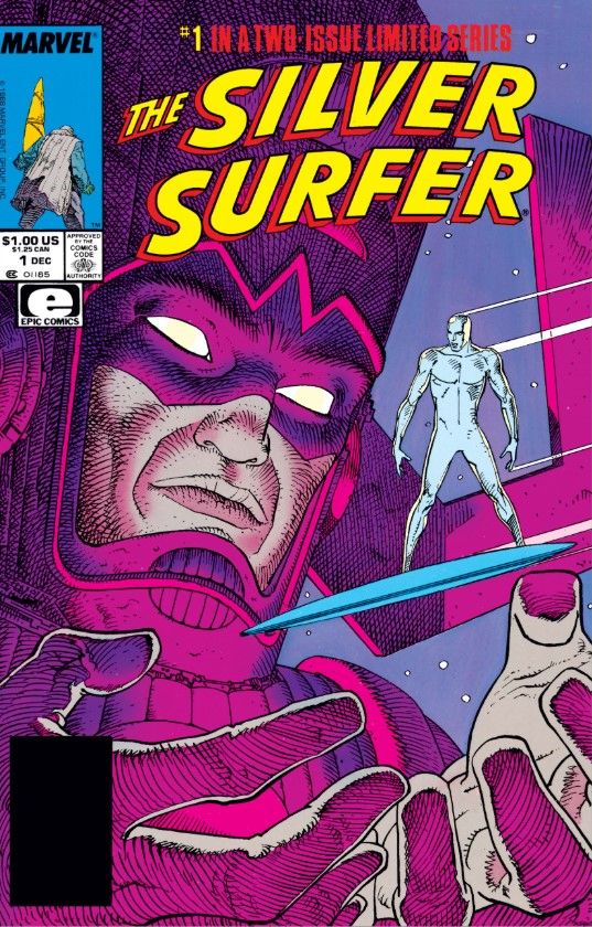 The cover of Silver Surfer: Parable #1, drawn by Mœbius, featuring Galactus and the Silver Surfer.
