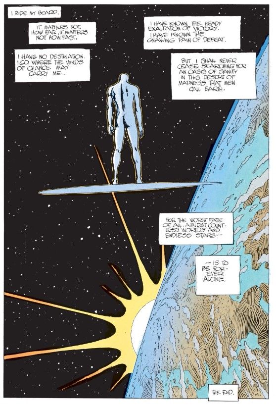 The concluding page of Silver Surfer: Parable, in which the Surfer hovers above the earth, victorious but once more alone.