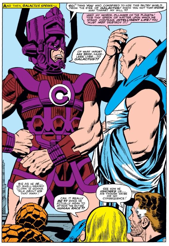 A page from Fantastic Four #49, showing the team gazing up at Galactus and the Watcher. The quote is from Eliot Borsenstein’s book Marvel Comics of the 1970: The World Inside Your Head.